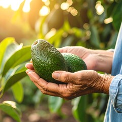 Hands holding two avocados in a lush orchard
