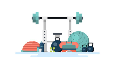 Gym flat style. Kettlebell and punching, bag, fingerboard and bodybuilding, vector illustration