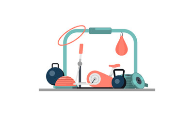 Fototapeta premium Gym flat style. Kettlebell and punching, bag, fingerboard and bodybuilding, vector illustration