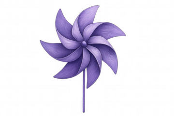 Purple pinwheel rotating, creating a playful and dynamic visual, symbolizing childhood fun, lightness, and imagination