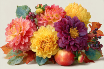 A vibrant bouquet of large, colorful dahlias in pink, yellow, purple tones with glossy apples nestled among petals, creating warm studio still life.