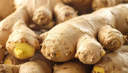 Macro Shot of Fresh Ginger Root with Tan Skin and Yellow Interior Closeup