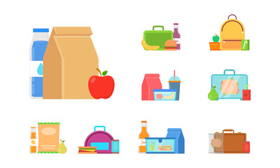 Lunch box different types of lunches. Vector school lunch box with healthy food, fruits or vegetables packed in a children s container in a bag. Set of packaged food illustrations isolated on white.