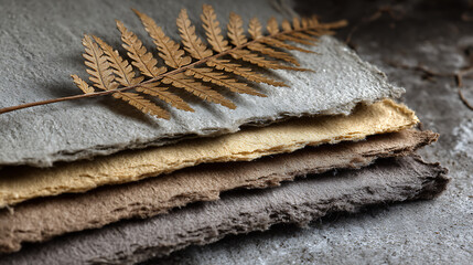 A stack of naturally textured, handmade papers in earthy tones, topped with a dried fern leaf, conveying rustic charm and sustainable craftsmanship.

