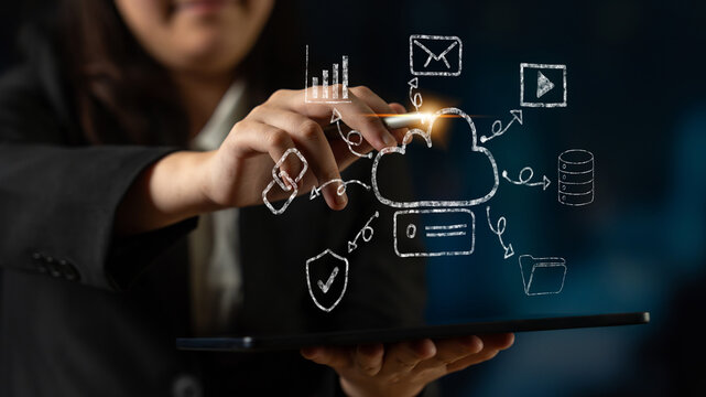 A hand drawn doodle of a cloud computing services ecosystem. A creative sketch of a network for data storage, sharing, and online applications. Motif