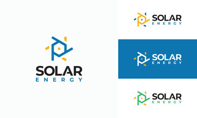 Solar Energy logo designs vector, Sun power logo, Solar energy with rooftop House logo