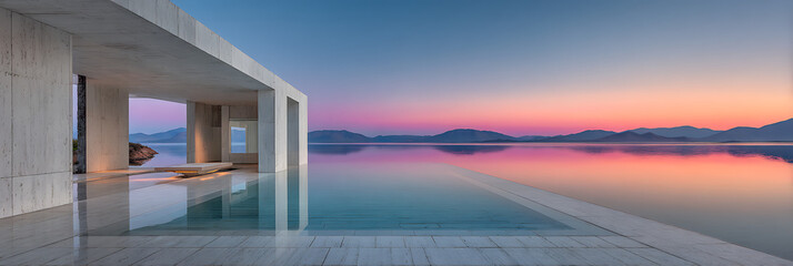 Modern architectural scene with an infinity pool overlooking a serene lake or sea, reflecting the vibrant colors of a tranquil sunset or sunrise.
