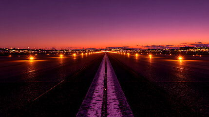 Obraz premium A long, illuminated airport runway stretches into the distance under a dramatic, vibrant purple and orange sunset sky, symbolizing travel, ambition, and new beginnings. 