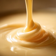 Rich swirl of sweet condensed milk pouring into creamy folds