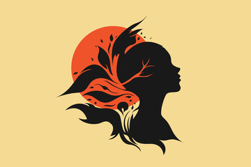 Abstract female silhouette with nature elements – mind and growth concept illustration