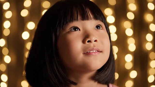Close up portrait of a young asian girl with black hair and bokeh lights in the background
