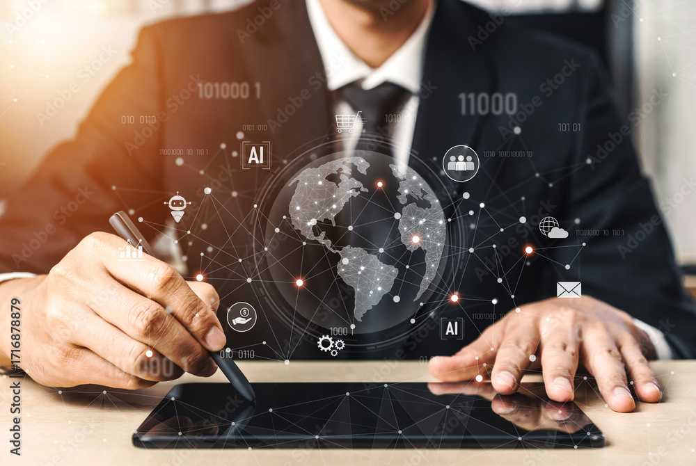 Poster global ai-powered digital network ecosystem connecting data, finance, analytics, ecommerce, communic