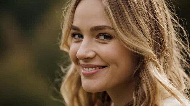 Close up portrait of a smiling blonde woman with dimples looking over her shoulder outdoors