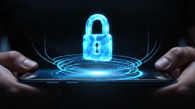 Abstract holographic lock icon floating over smartphone screen with glowing data streams  