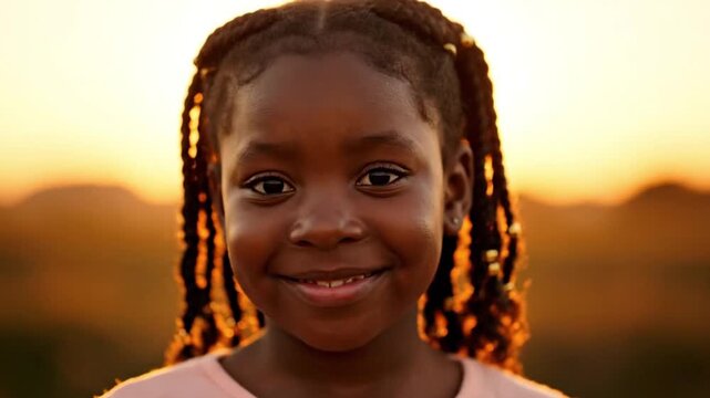 A young african american girl with braided hair gazes into the sunset with a serene expression