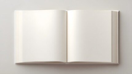Top-down view of an open hardcover book with clean blank off-white pages.