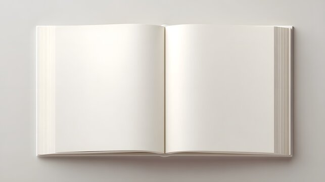 Top-down view of an open hardcover book with clean blank off-white pages.
