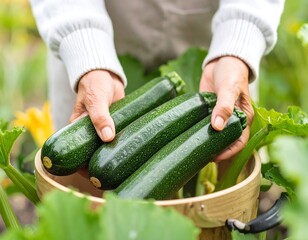 Hands holding zucchini in a wooden basket