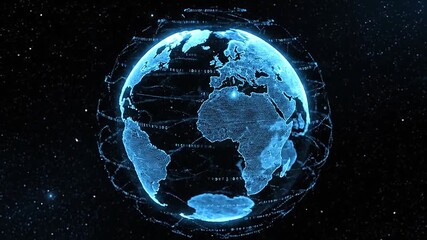 Cinematic digital Earth made of particles and binary code, pulsing with AI-powered connections   - Powered by Adobe