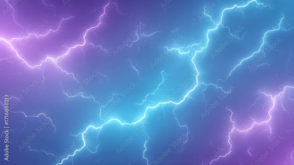Poster dynamic lightning strikes over a gradient background of purple and blue, creating a bold visual effe