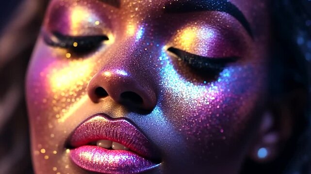 Close up of a womans face with vibrant glitter makeup.