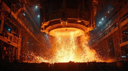 Molten steel flows from heavy industrial ladle concept. Molten metal pouring from a furnace in an industrial setting.
