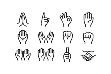 Hand communication icon pack with praying, pointing and human connection graphics
