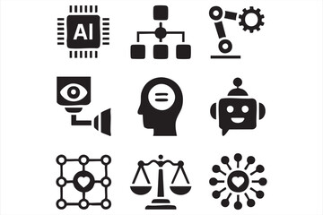 AI and future technology icons set with machine learning, security, and networks