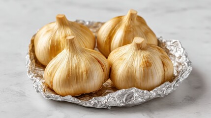 Fresh Roasted Garlic Bulbs on a Silver Foil Plate Ready for Culinary Use in Delicious Dishes and Healthy Recipes Featuring Garlic Flavor Enhancement