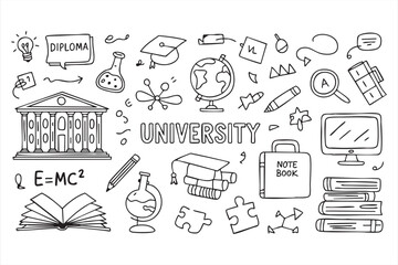 University and education doodle icons set for school projects and academic materials