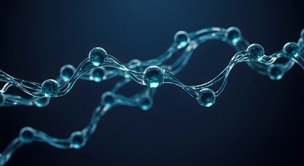 Abstract blue molecular structure with glowing spheres and interconnected lines on a dark background.