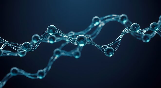 Abstract blue molecular structure with glowing spheres and interconnected lines on a dark background.