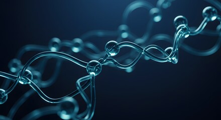Abstract close-up of a transparent, twisting molecular structure with spherical nodes against a dark blue gradient background.