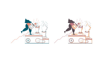 Two women pouring ingredients into a machine producing profit