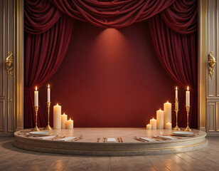 Elegant stage setting with red velvet curtains golden ornate pillars and lit candles on a marble platform with place settings