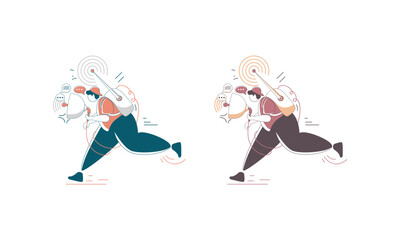 Two cartoon characters running while holding megaphones and spreading information