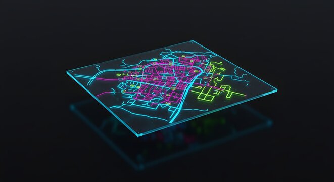 3D holographic representation of a city's map, with vibrant neon lines highlighting infrastructure.