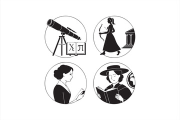 Women scientists icons set with education, astronomy, and mathematics elements