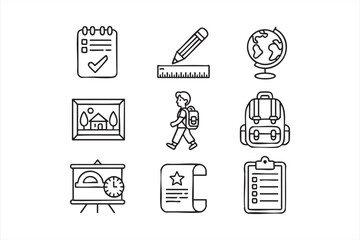 Academic and classroom vector icons with checklist, ruler, and timetable elements