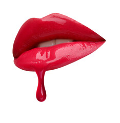 Red liquid lipstick dripping from woman's lip against white background