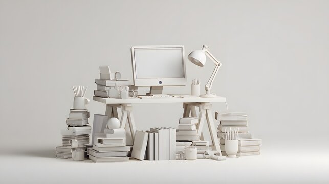 Monochromatic white cluttered office desk with a computer lamp and piles of books.