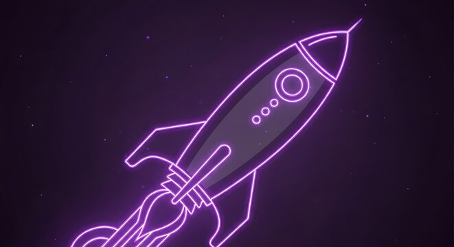 Neon rocket launch illustration against a stellar purple backdrop