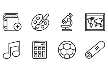 Vector education icons set with subjects including science, art, and music