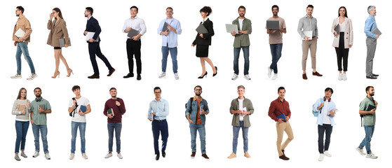 Group of different men and women on white background