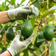 Hands in gloves harvest avocados