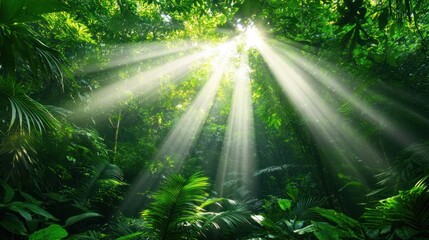 Fototapeta premium Sunbeams Illuminating Lush Rainforest Canopy
