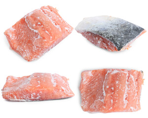 Frozen pieces of salmon isolated on white, collage. Freezing food products