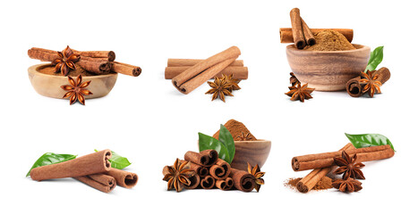 Cinnamon sticks and powder isolated on white, set