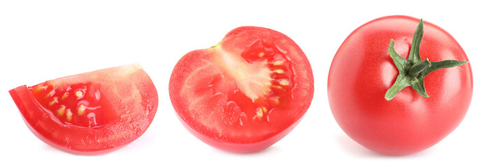 Fresh ripe tomatoes isolated on white, set. Whole and sliced