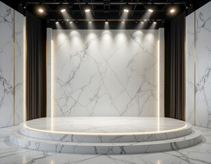 Empty stage with marble walls and floor illuminated by spotlights and vertical lights white grey